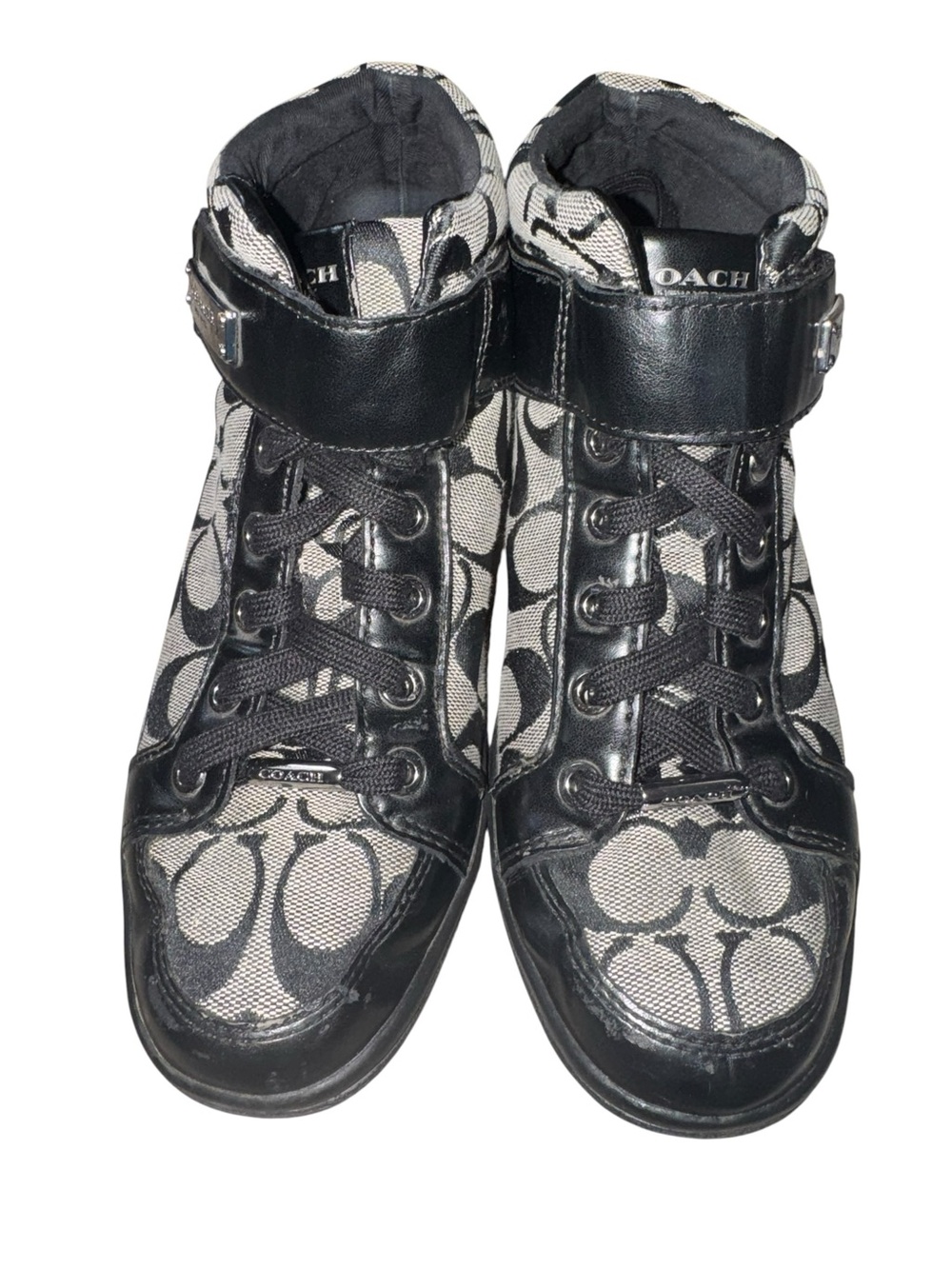 Coach Signature Sneakers Black Gray High Top Logo Lace Up Women’s 7.5 - Picture 2 of 7